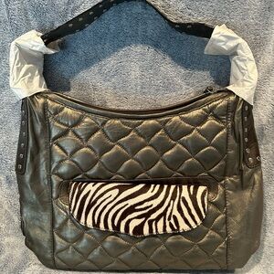 Quilted Metallic Shoulder Bag with Zebra Accent